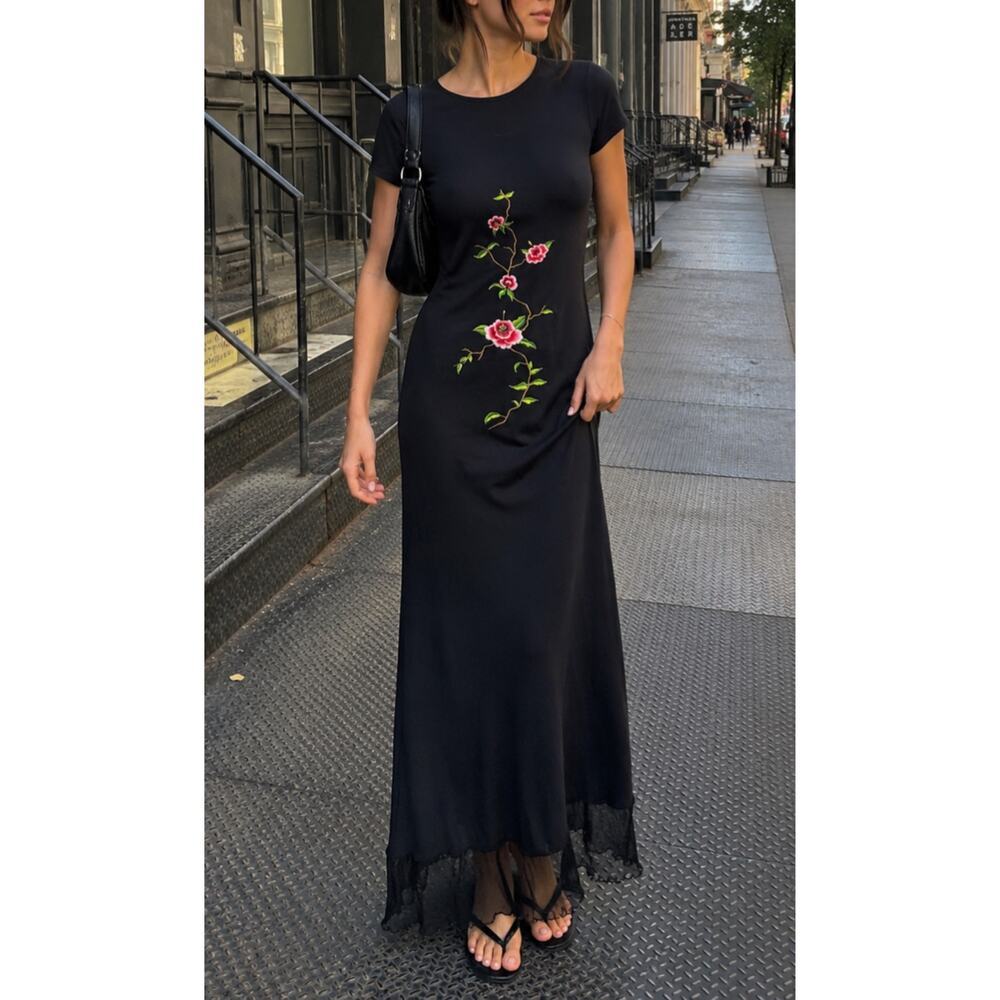 Vintage My Michelle Floral Embroidered Mesh Maxi Dress 90s Grunge Black Small